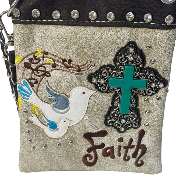 (7-204) Brand New with Tag - Beige & Brown Crossbody Bag Featuring Two Doves - Picture 5 of 7